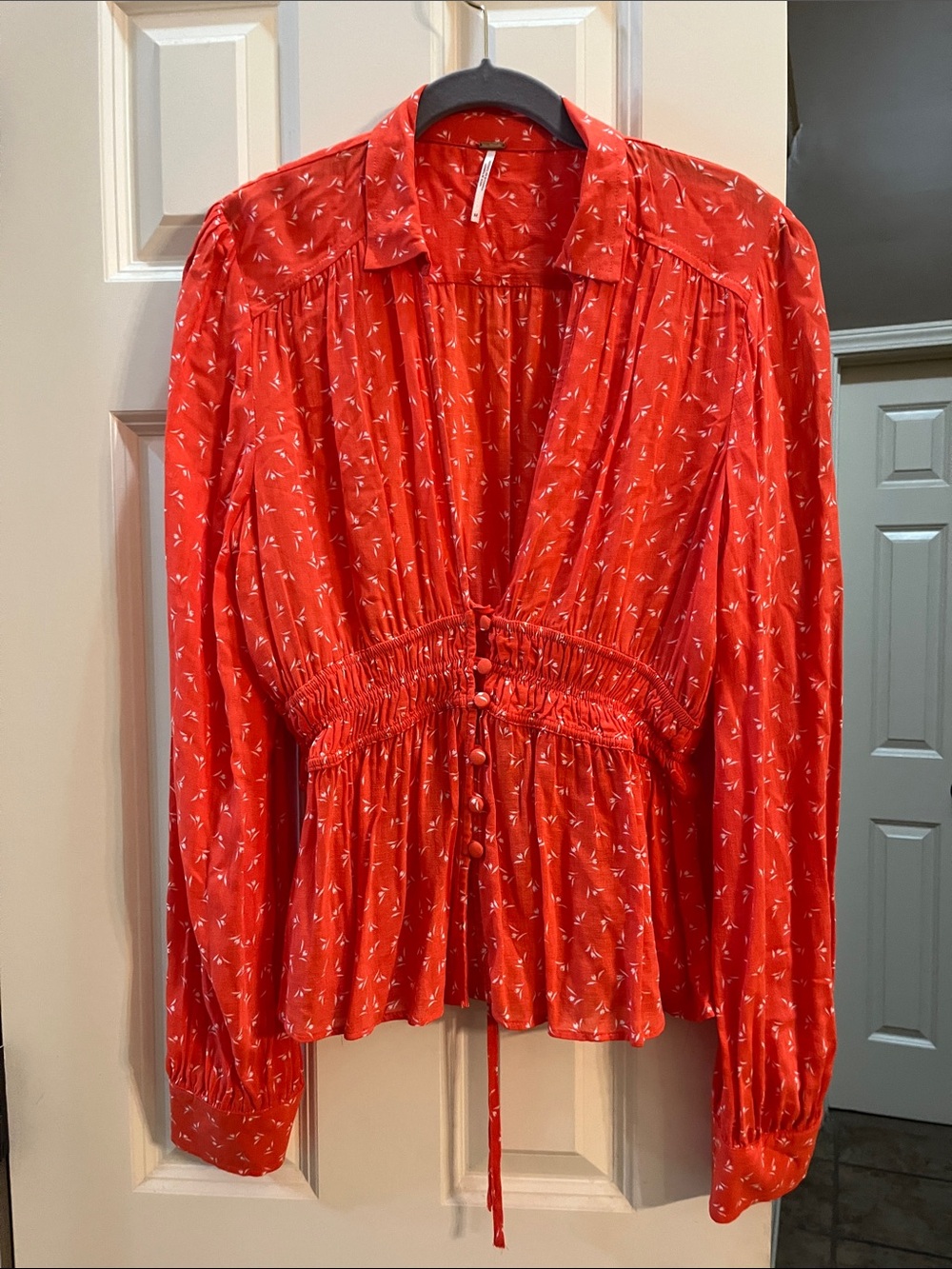 Free People Coral Orange  Printed Button-Front Peplum Blouse